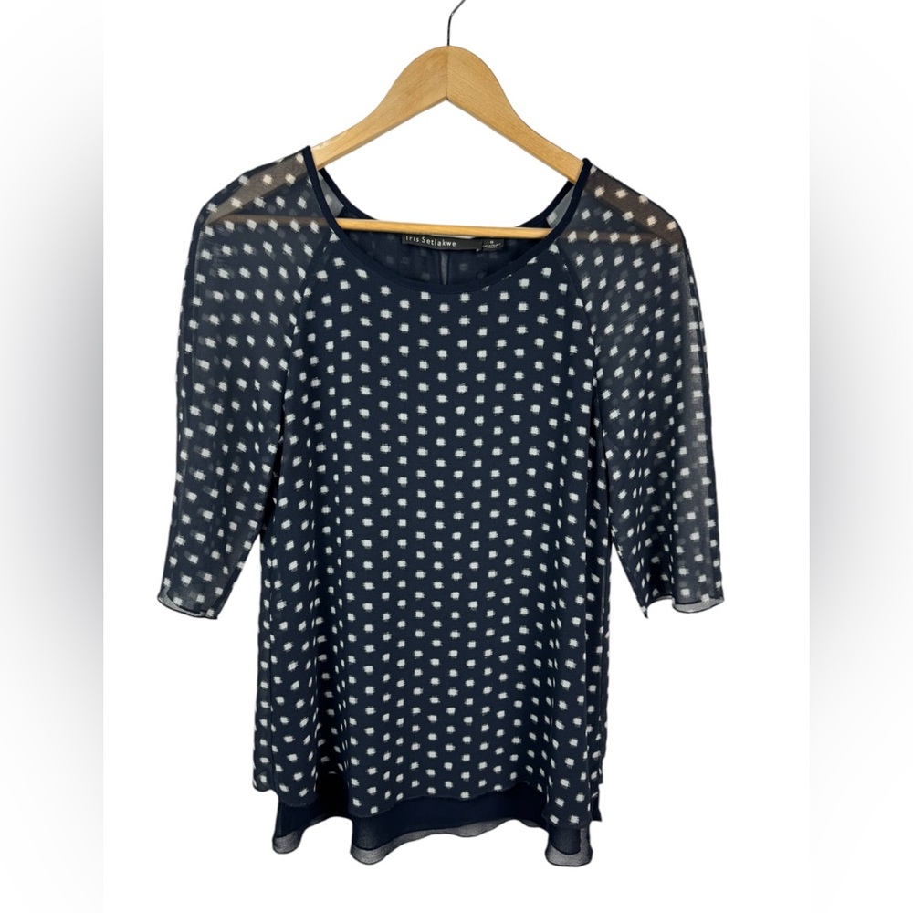 Iris Setlakwe Womens Polka Dot Round neck Layered Chiffon navy blouse size 0